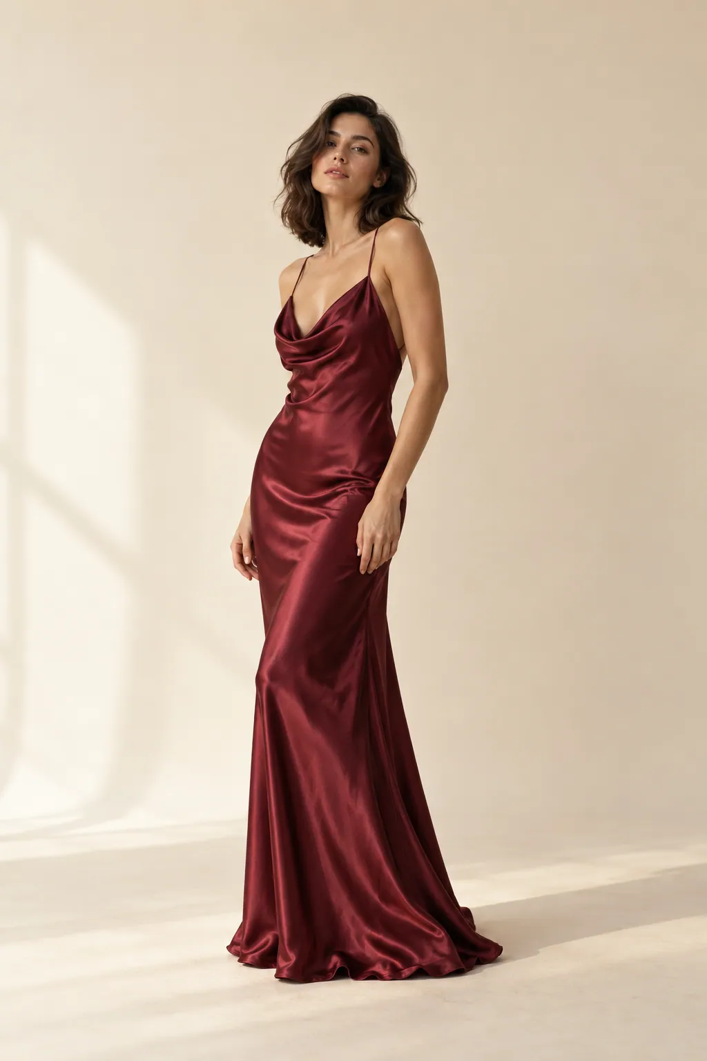 Modella in abito sottoveste di raso bordeaux. Persona inventata, immagine generata con AI.
