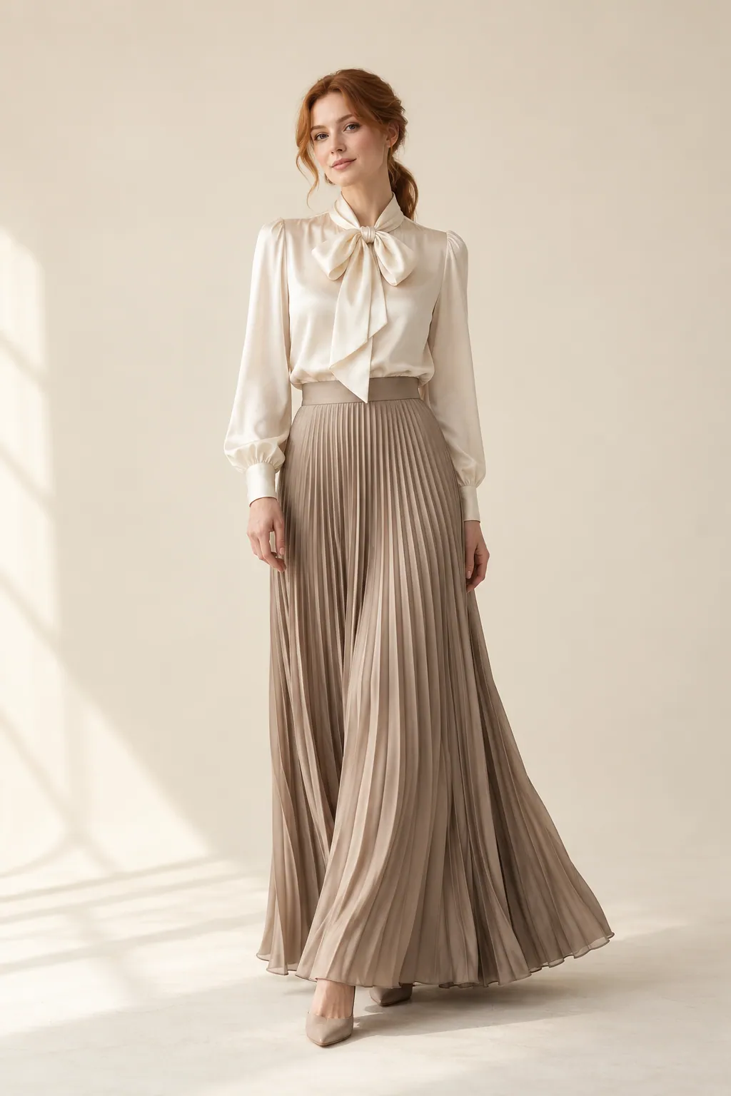 Modella in blusa di seta avorio con fiocco e gonna plissé tortora. Persona inventata, immagine generata con AI.