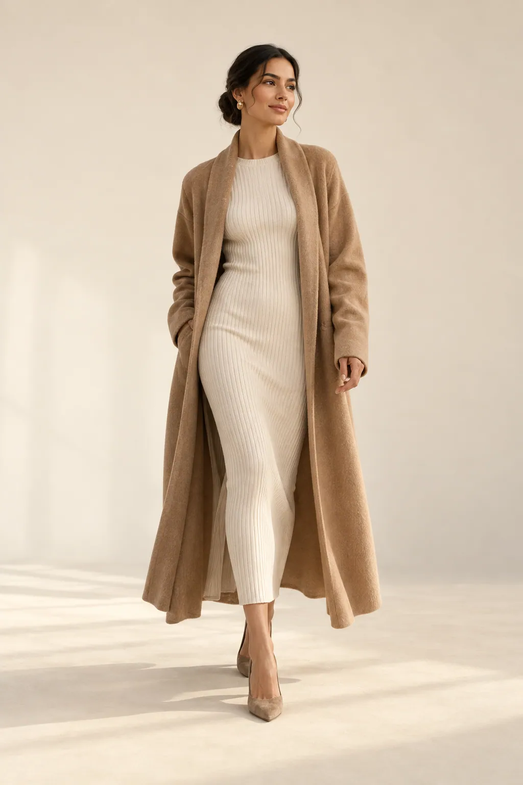 Modella in cappotto lungo di cashmere cammello su abito di maglia crema. Persona inventata, immagine generata con AI.