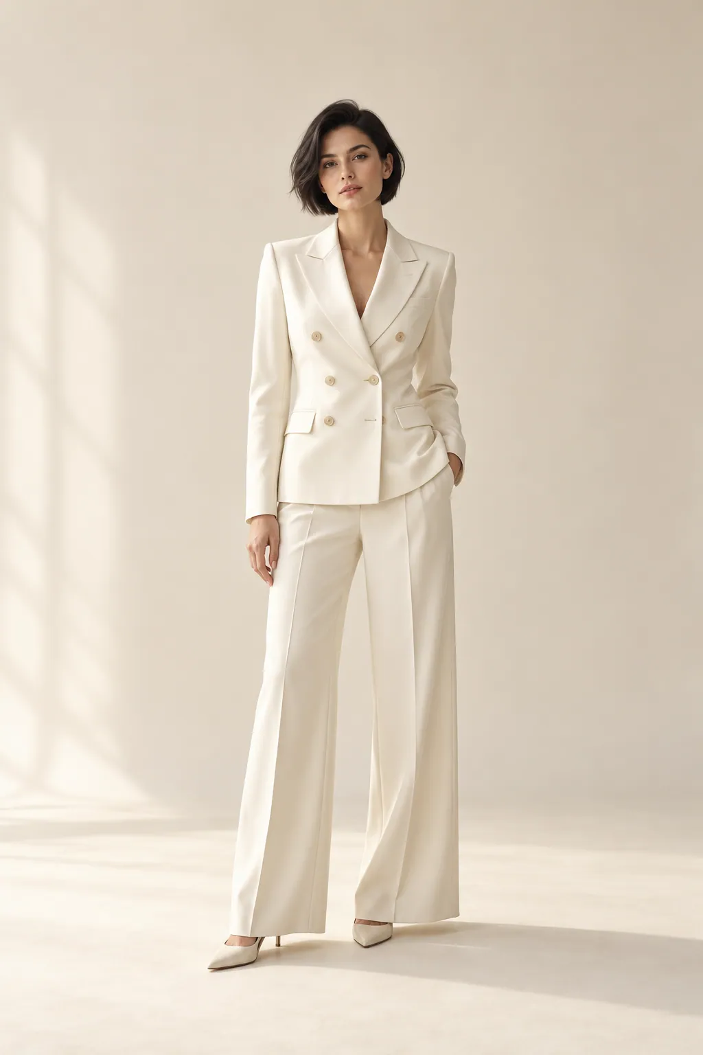 Modella in tailleur doppiopetto avorio con pantalone ampio. Persona inventata, immagine generata con AI.