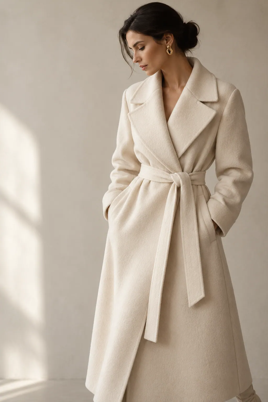 Modella in cappotto vestaglia di lana avorio, di profilo. Persona inventata, immagine generata con AI.