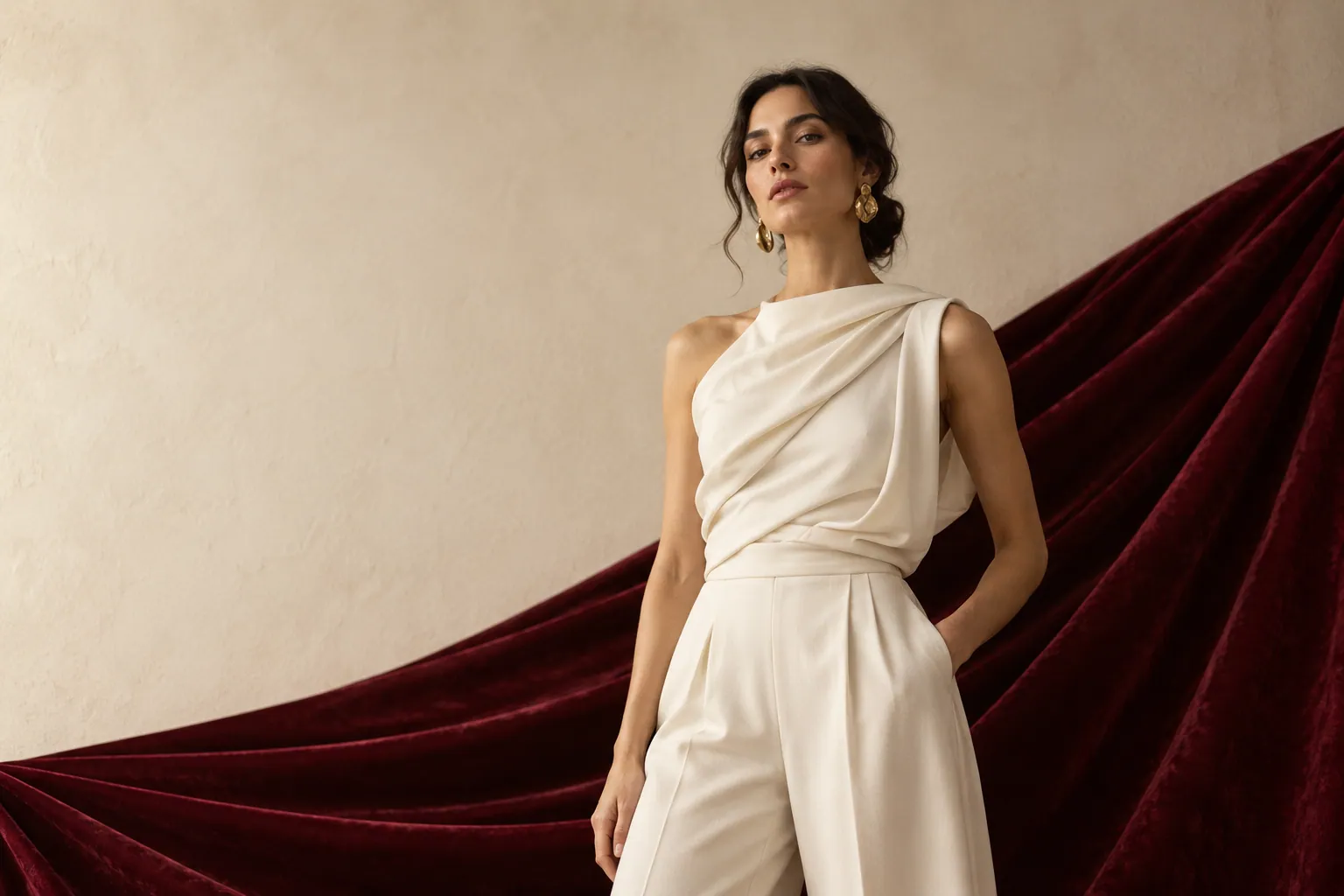 Modella in top drappeggiato e pantaloni avorio davanti a un drappo di velluto bordeaux. Persona inventata, immagine generata con AI.