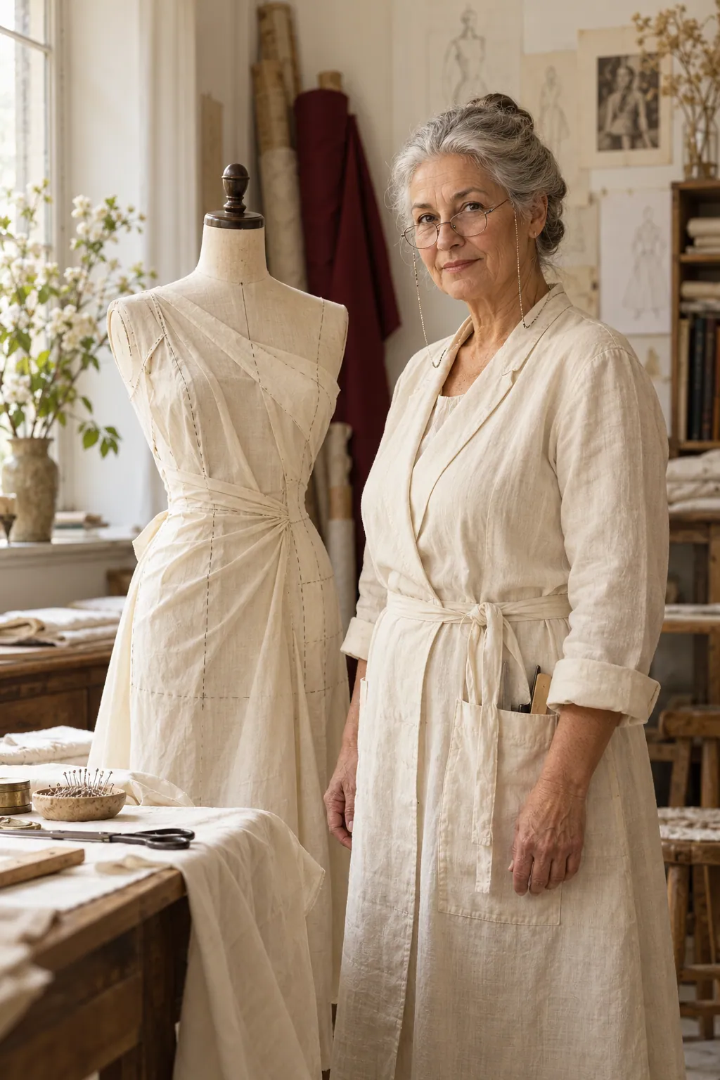 Ornella Ferri, capo atelier, accanto a un manichino con la tela avorio. Persona inventata, immagine generata con AI.