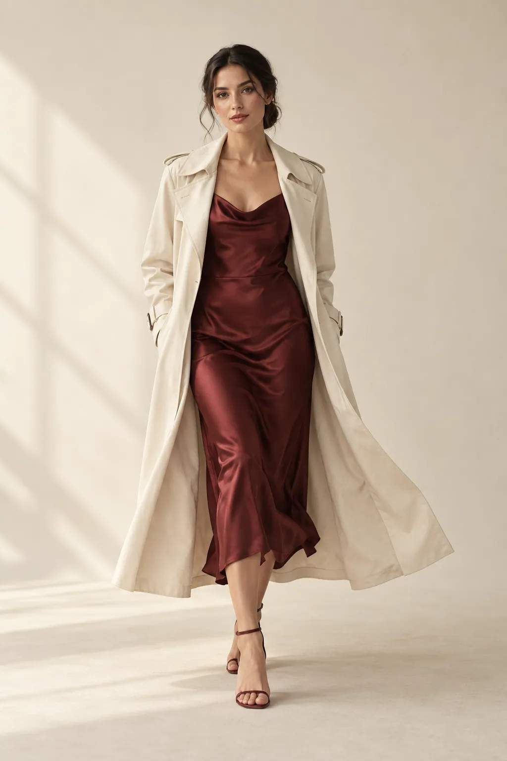Modella che cammina in trench avorio aperto su abito di seta bordeaux. Persona inventata, immagine generata con AI.