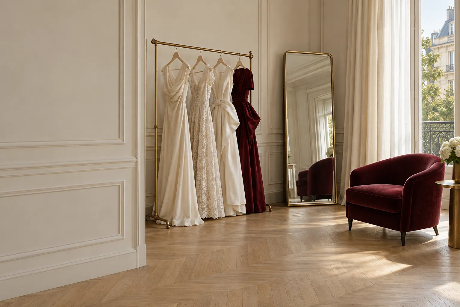 Il salone delle prove: pareti crema, poltrona di velluto bordeaux, specchio e abiti appesi. Immagine generata con AI.