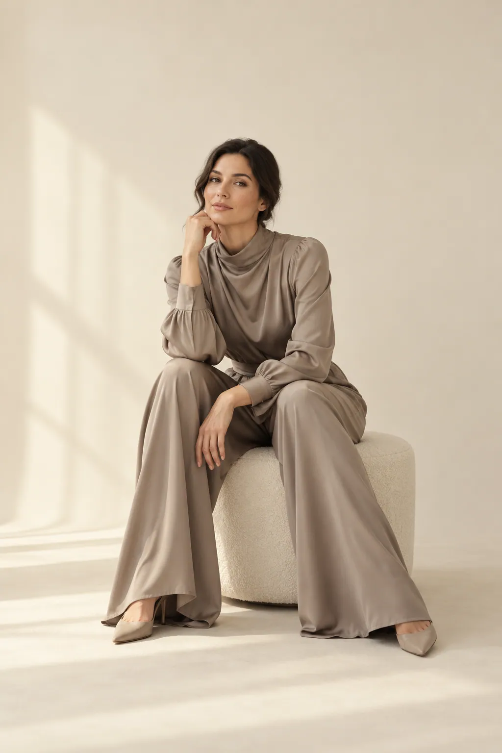 Modella seduta in tuta di seta tortora con scollo drappeggiato. Persona inventata, immagine generata con AI.