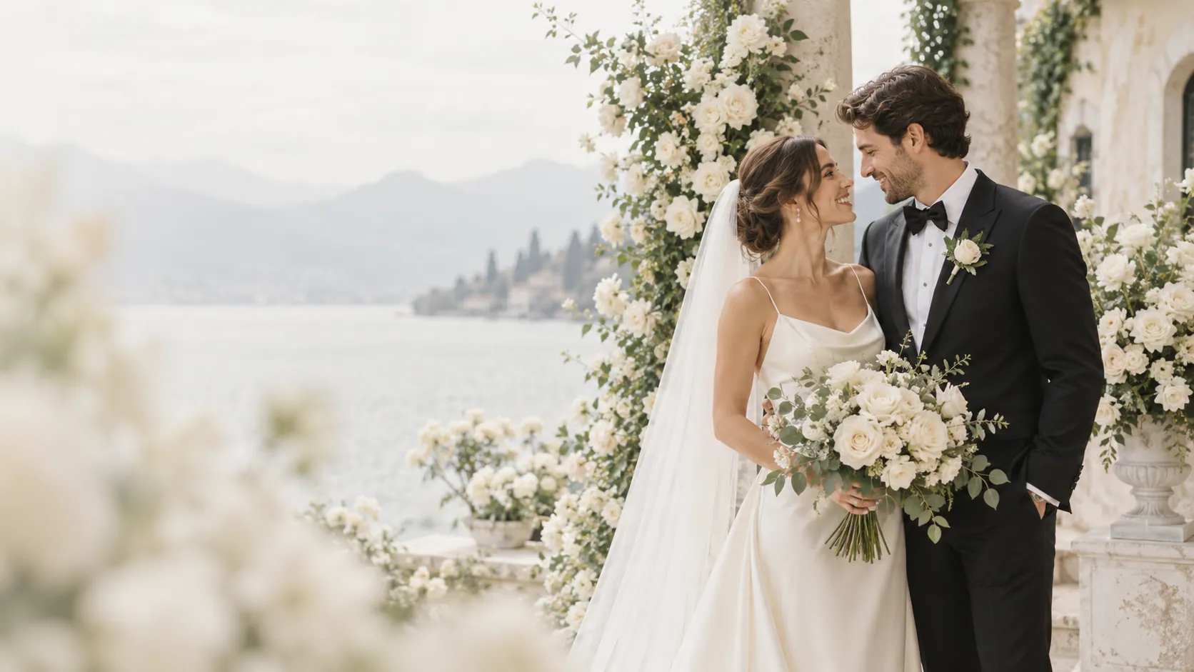 Sposi che si sorridono fra colonne di rose bianche davanti al lago