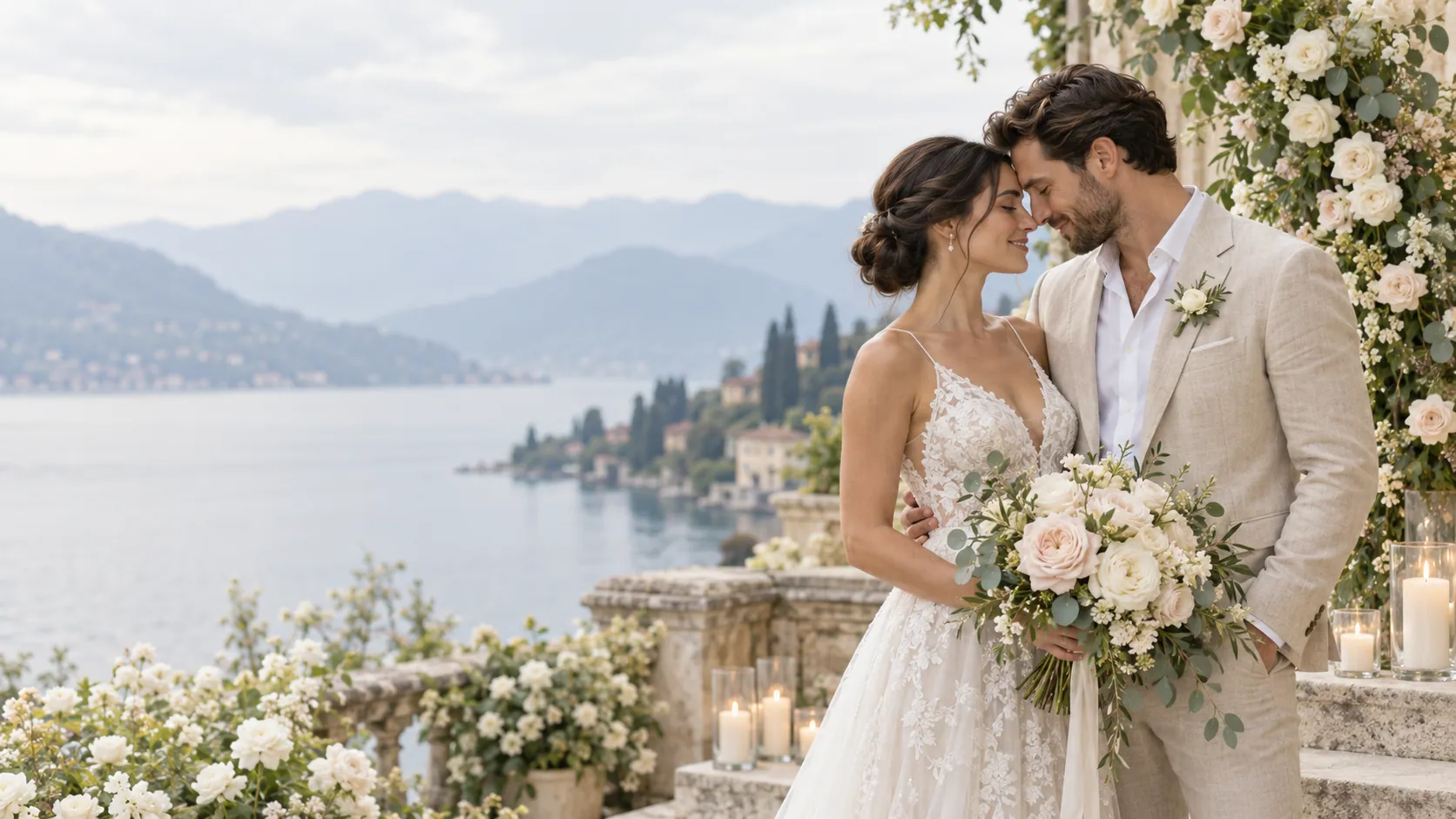 Due sposi fronte contro fronte davanti a un arco di rose avorio, con il lago e le colline alle spalle