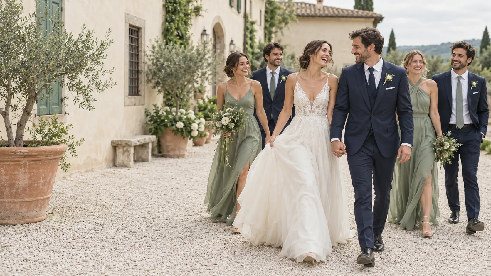 Sposi e amici camminano ridendo nel cortile di una cascina restaurata