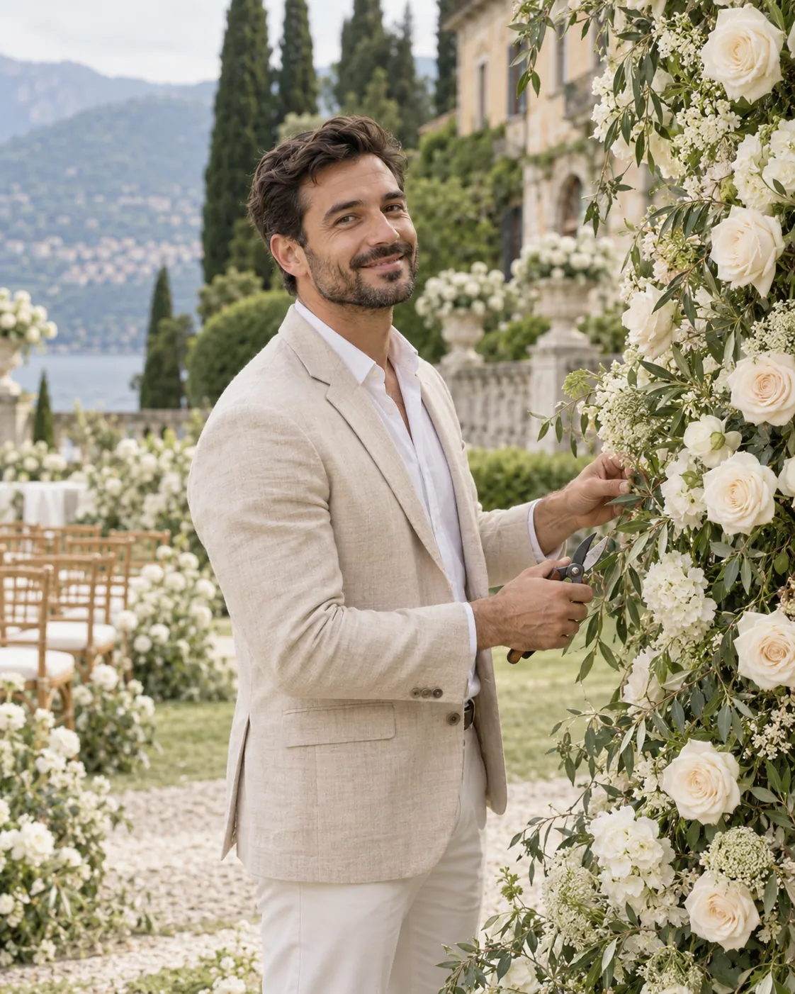 Matteo sistema un arco di rose in giardino