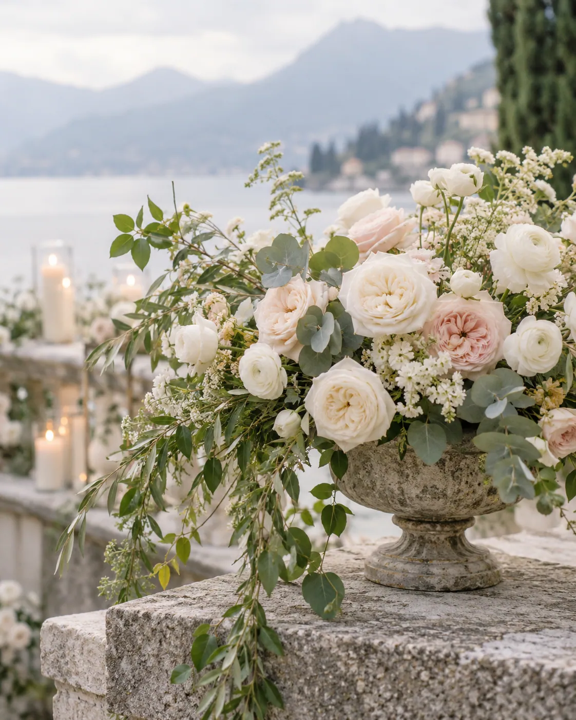 Composizione di rose avorio e cipria in un vaso di pietra