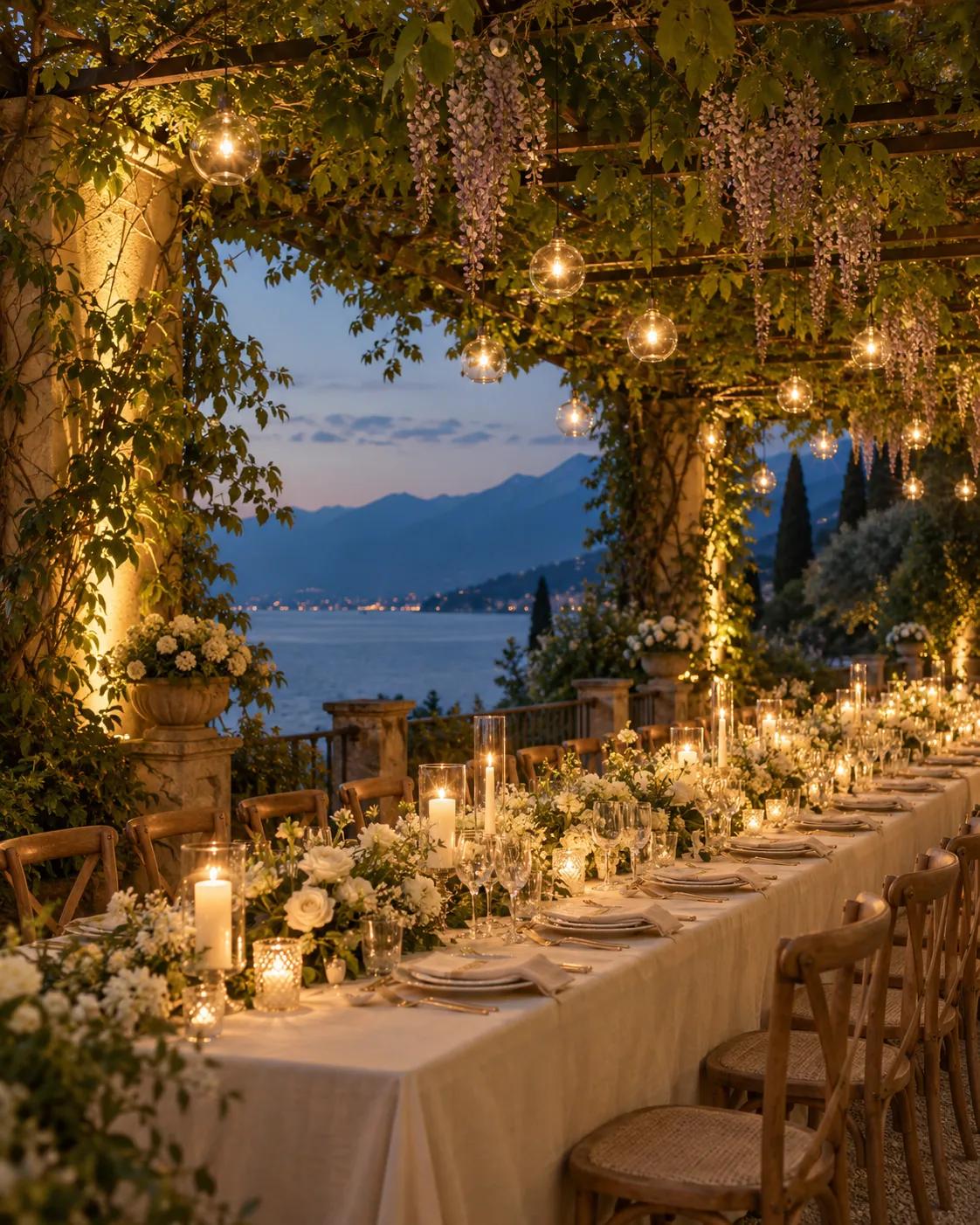 Cena sotto un pergolato con lampadine accese e il lago al tramonto