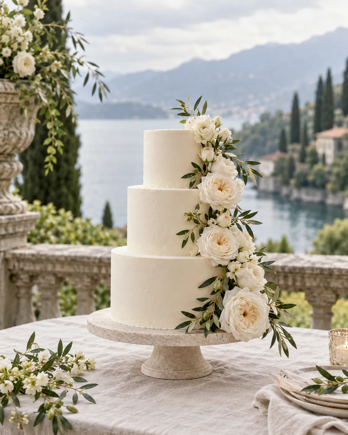 Torta nuziale bianca a tre piani con rose avorio