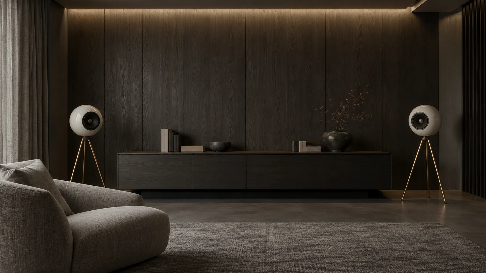 Sala privata con pareti in rovere scuro e due diffusori sferici bianchi su treppiedi dorati. Immagine generata con AI.
