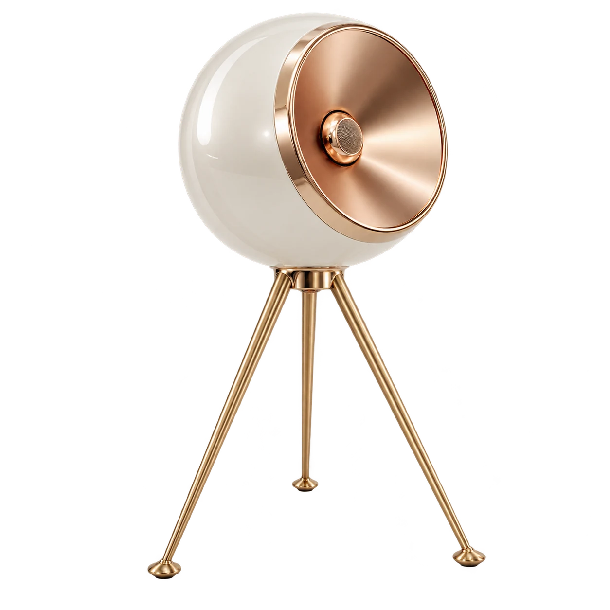 Colonna: sfera bianca con anello in oro rosa su un treppiede sottile in ottone. Immagine generata con AI.