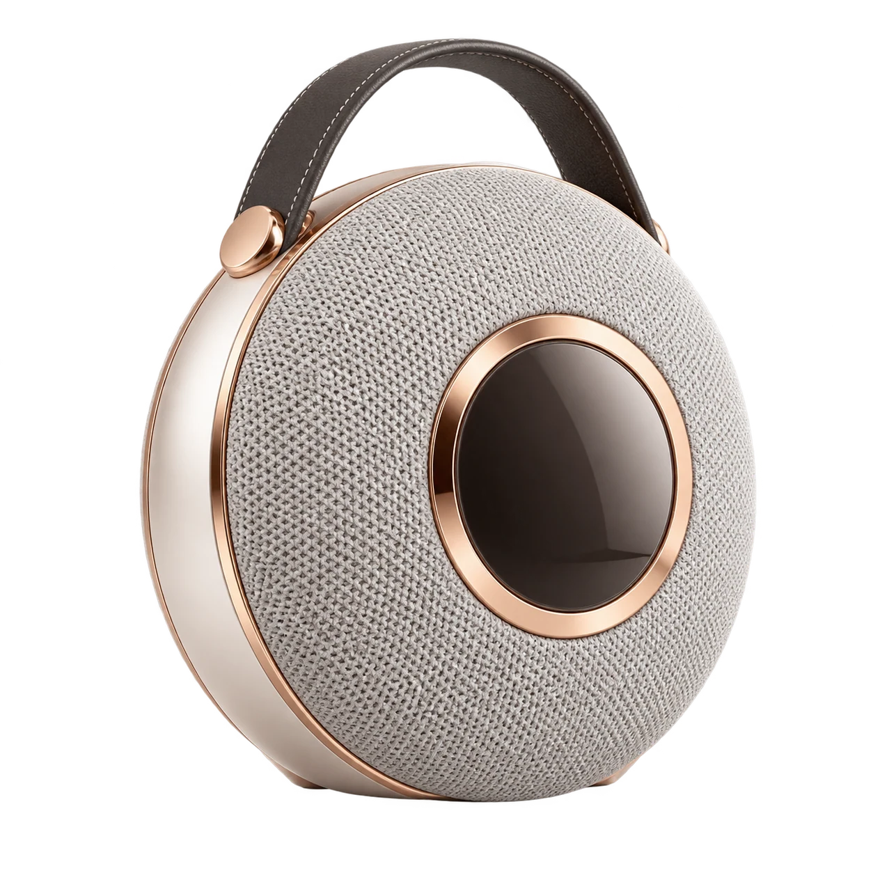 Sfera Mini: diffusore portatile rotondo in tessuto grigio con anello in oro rosa e maniglia in pelle. Immagine generata con AI.