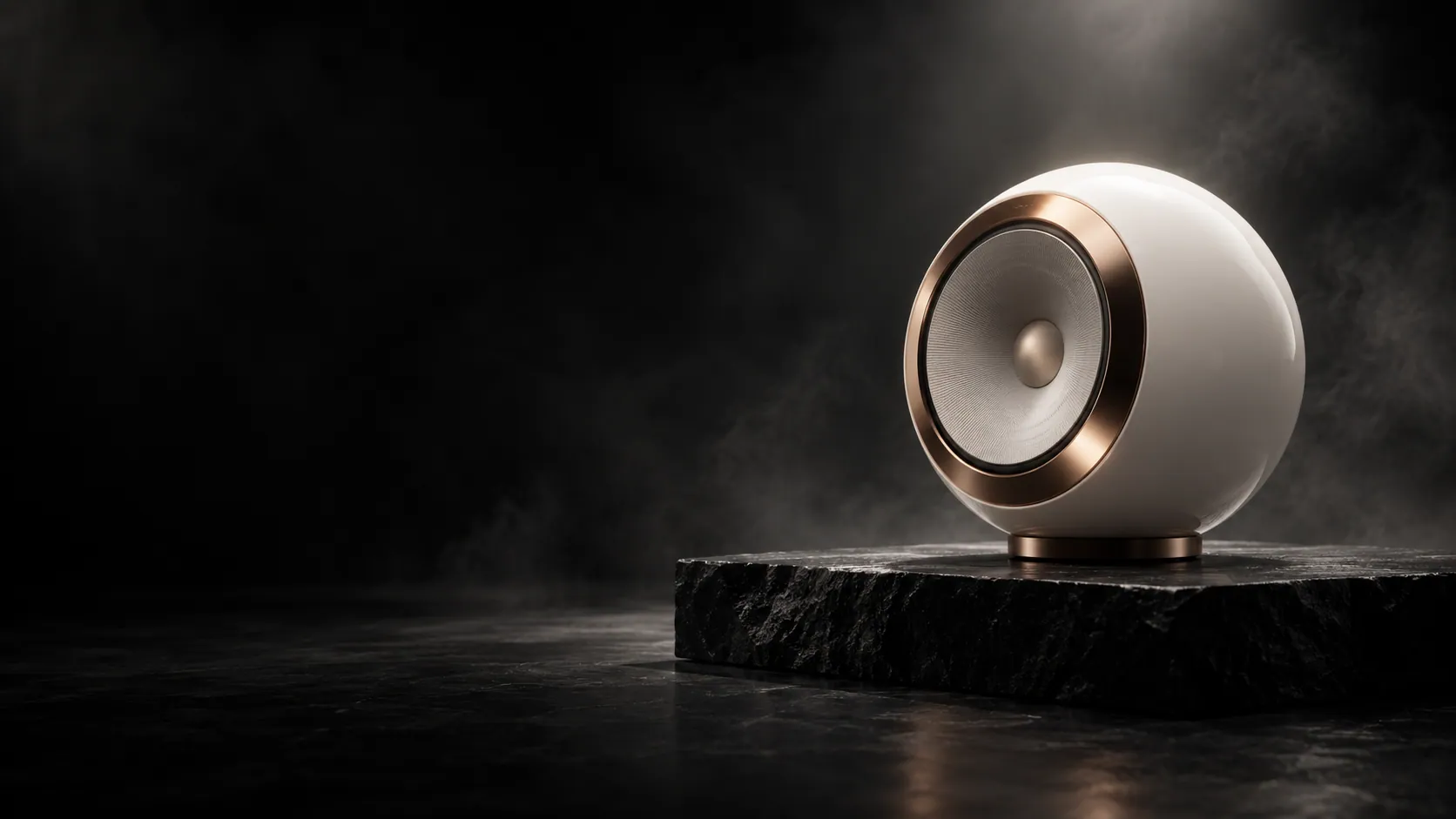 Diffusore sferico bianco con l'anello in oro rosa su una lastra di pietra nera, illuminato da una sola luce in una stanza buia. Immagine generata con AI.