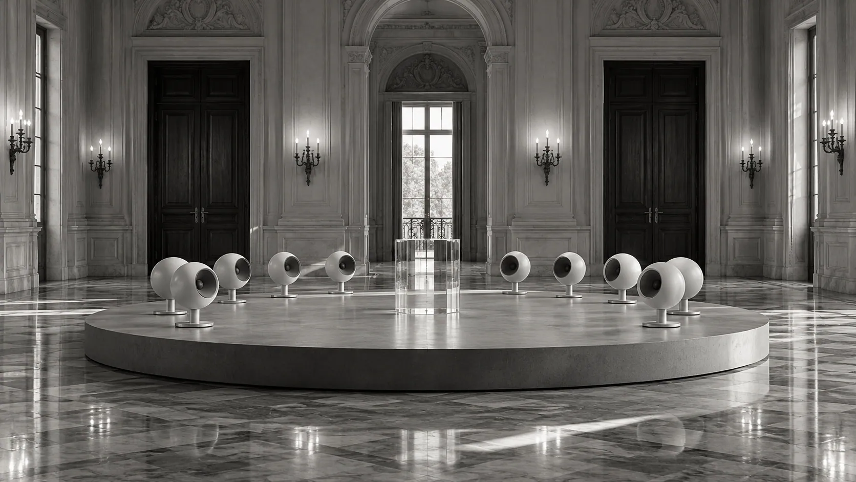 Salone neoclassico con una dozzina di diffusori sferici bianchi in cerchio su una pedana, in bianco e nero. Immagine generata con AI.