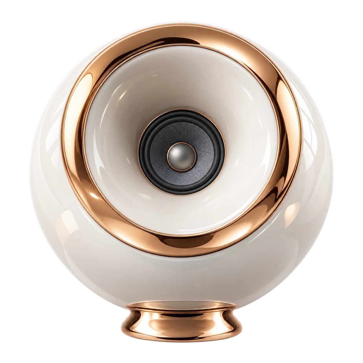 Diffusore Aria visto di fronte: la conca bianca, l'anello in oro rosa e il piccolo altoparlante al centro. Immagine generata con AI.