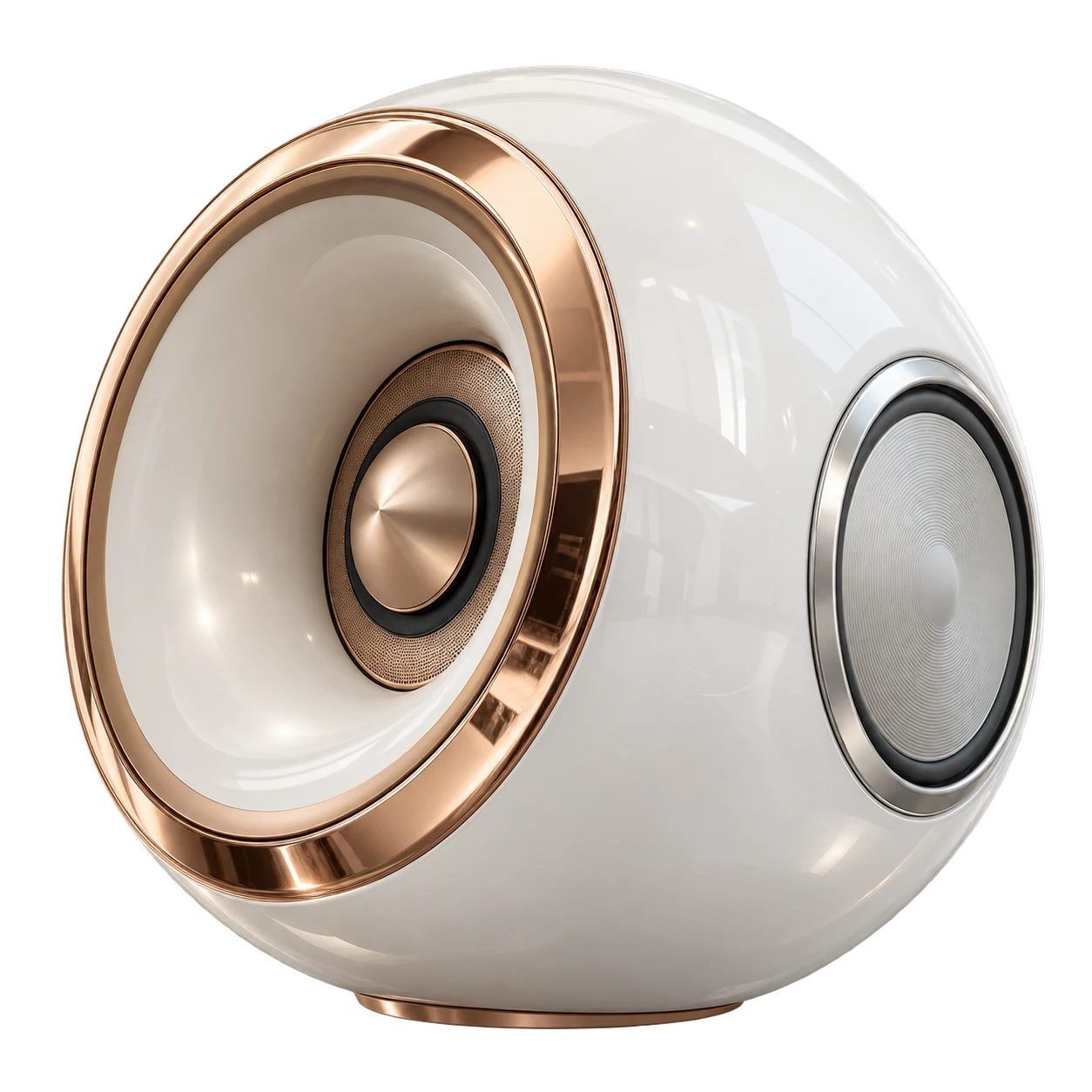 Diffusore Risonanza Aria, sfera in ceramica bianca con l'anello in oro rosa, sospesa sopra un piedistallo bianco. Immagine generata con AI.
