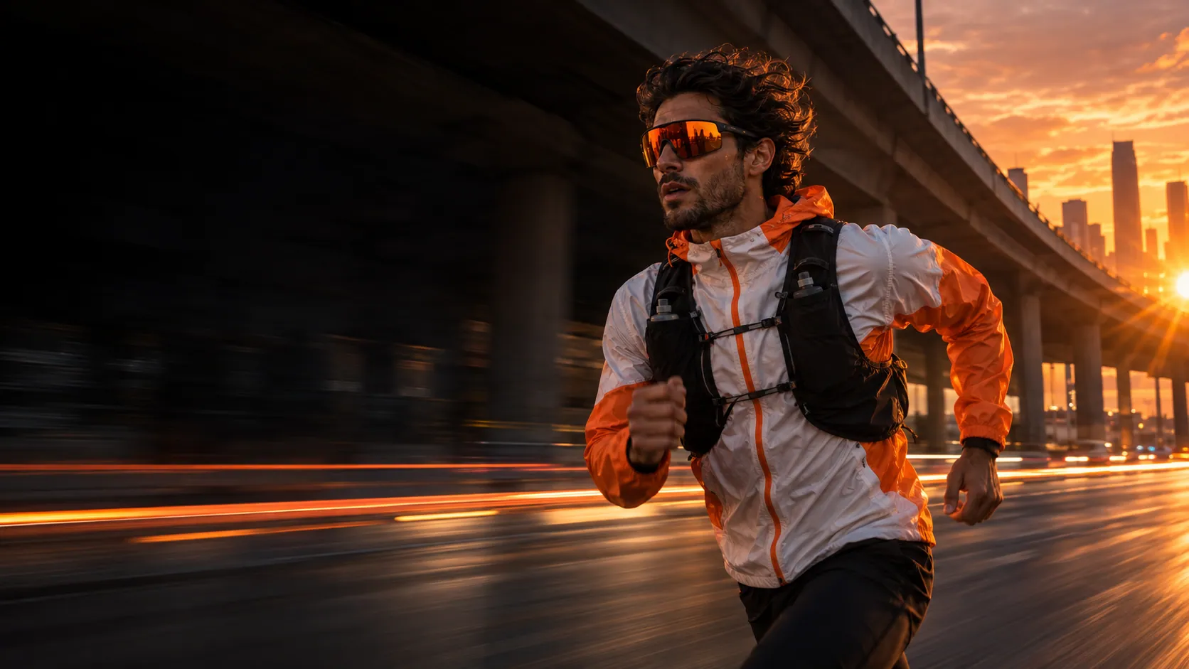 Corridore con occhiali a lente arancio sotto un cavalcavia al tramonto, con le scie dei fari sull'asfalto. Immagine generata con AI.