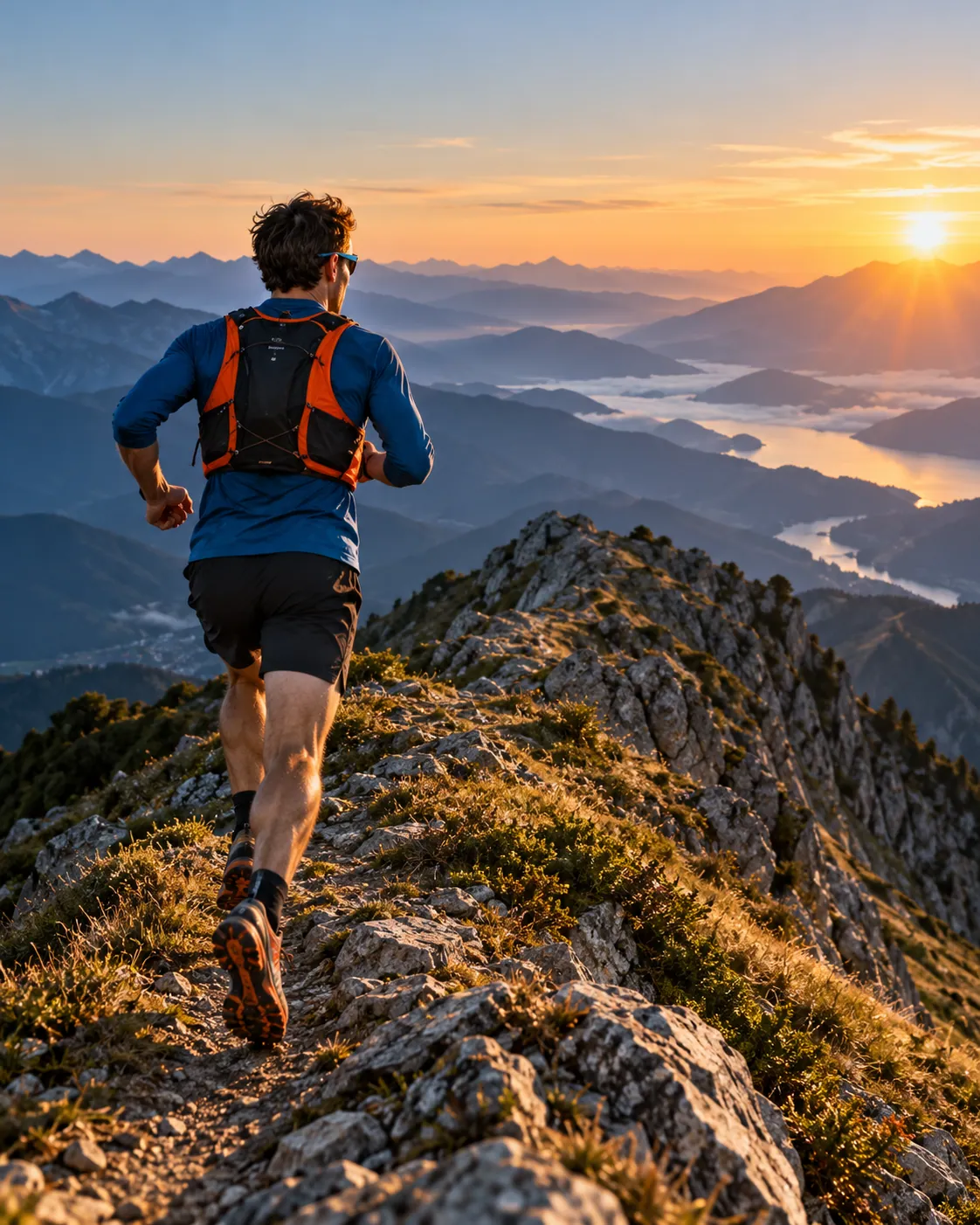 Trail runner di spalle lungo una cresta al sorgere del sole. Immagine generata con AI.