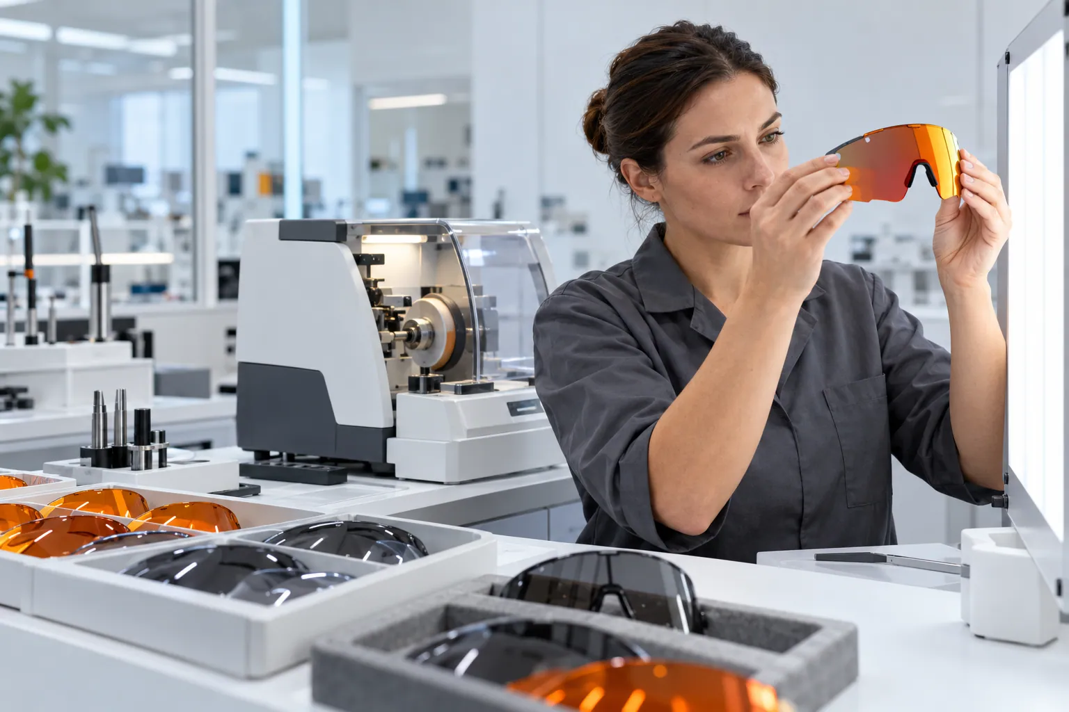 Ottica in laboratorio che controlla una lente arancio controluce, con vassoi di lenti sul banco. Immagine generata con AI.