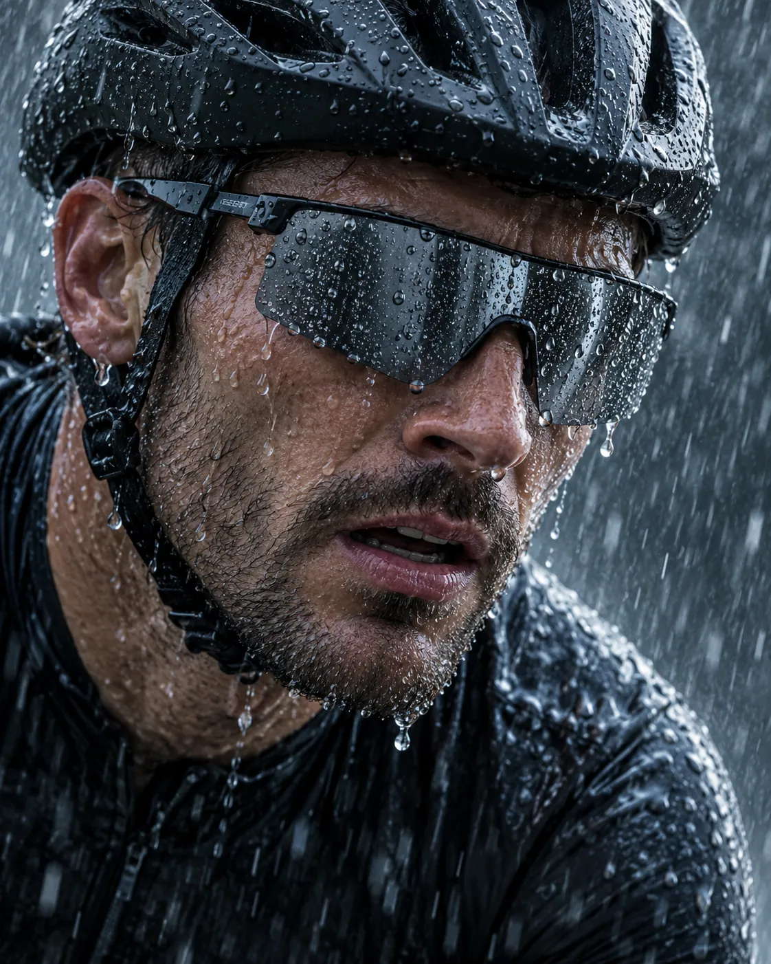 Volto di un ciclista sotto la pioggia, con gocce sulla lente a specchio. Immagine generata con AI.