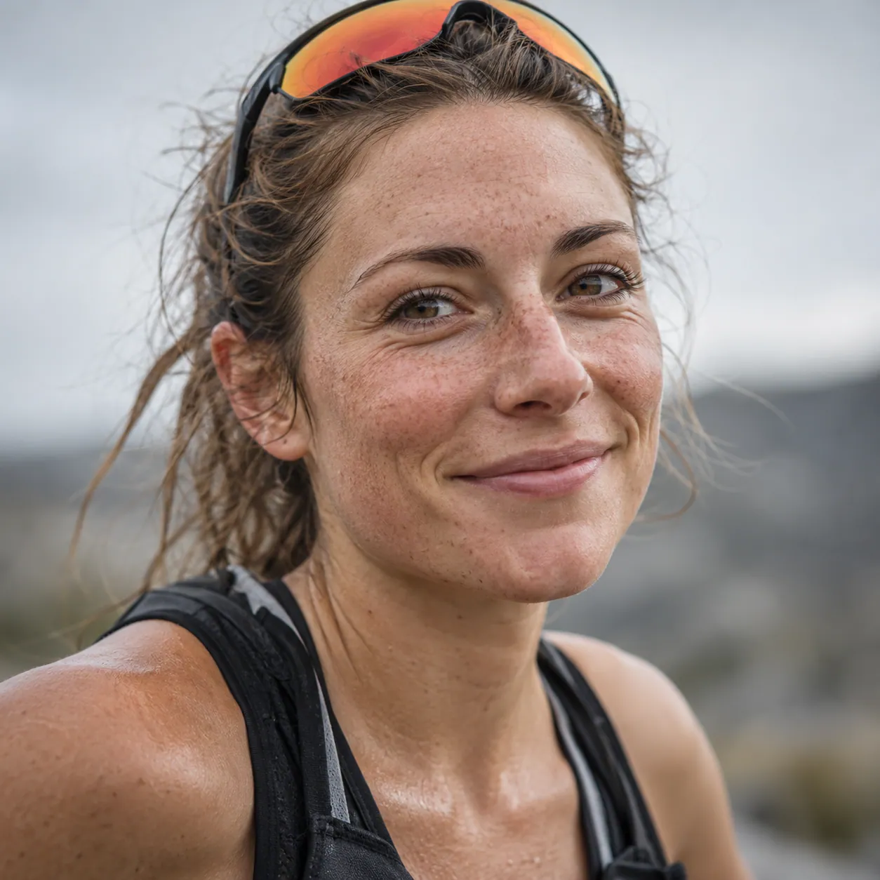 Ritratto di Chiara, trail runner, con gli occhiali alzati sulla testa. Immagine generata con AI.