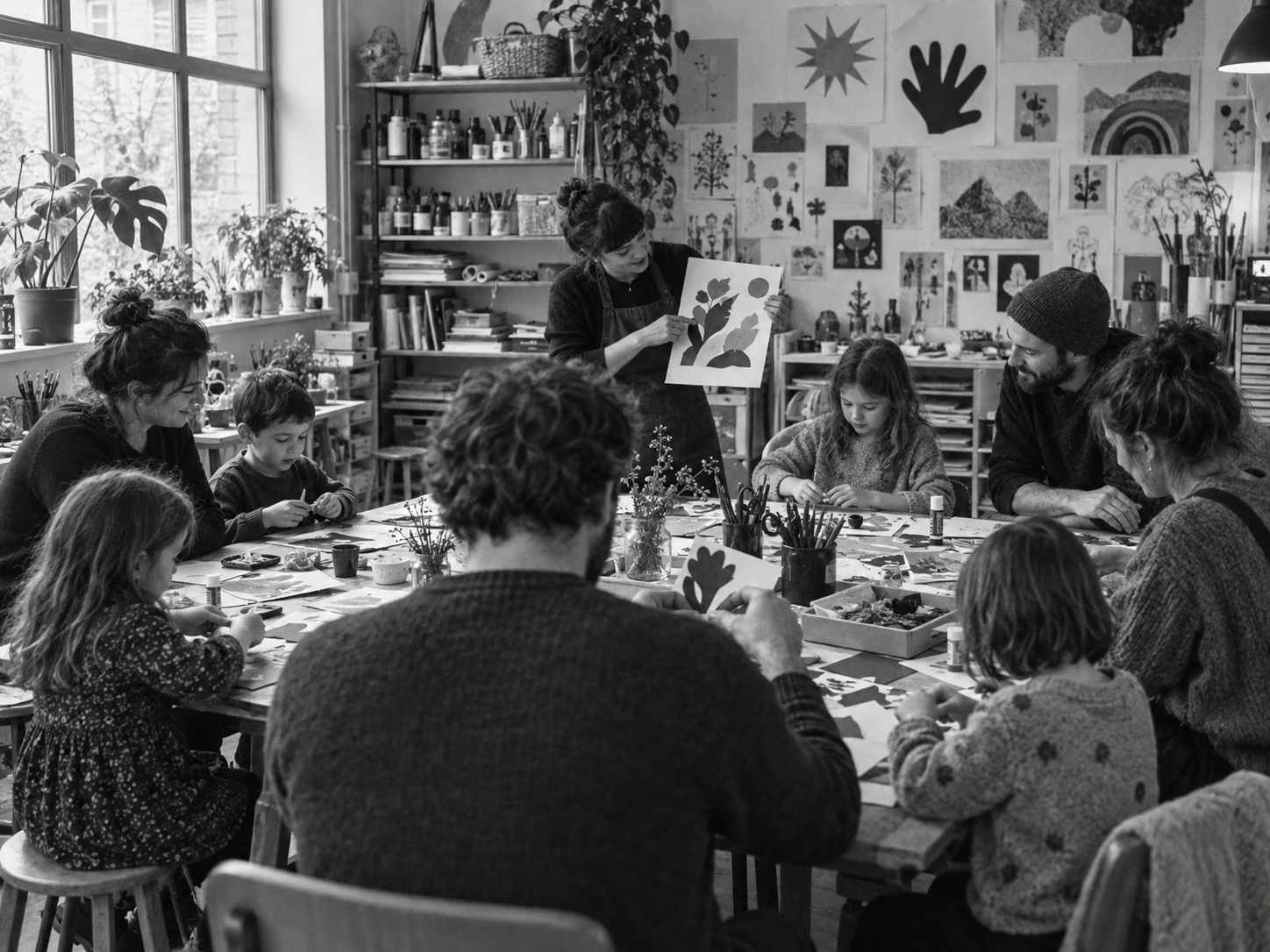 Famiglie immaginarie intorno a un tavolo di carta e colori. Immagine generata con AI.