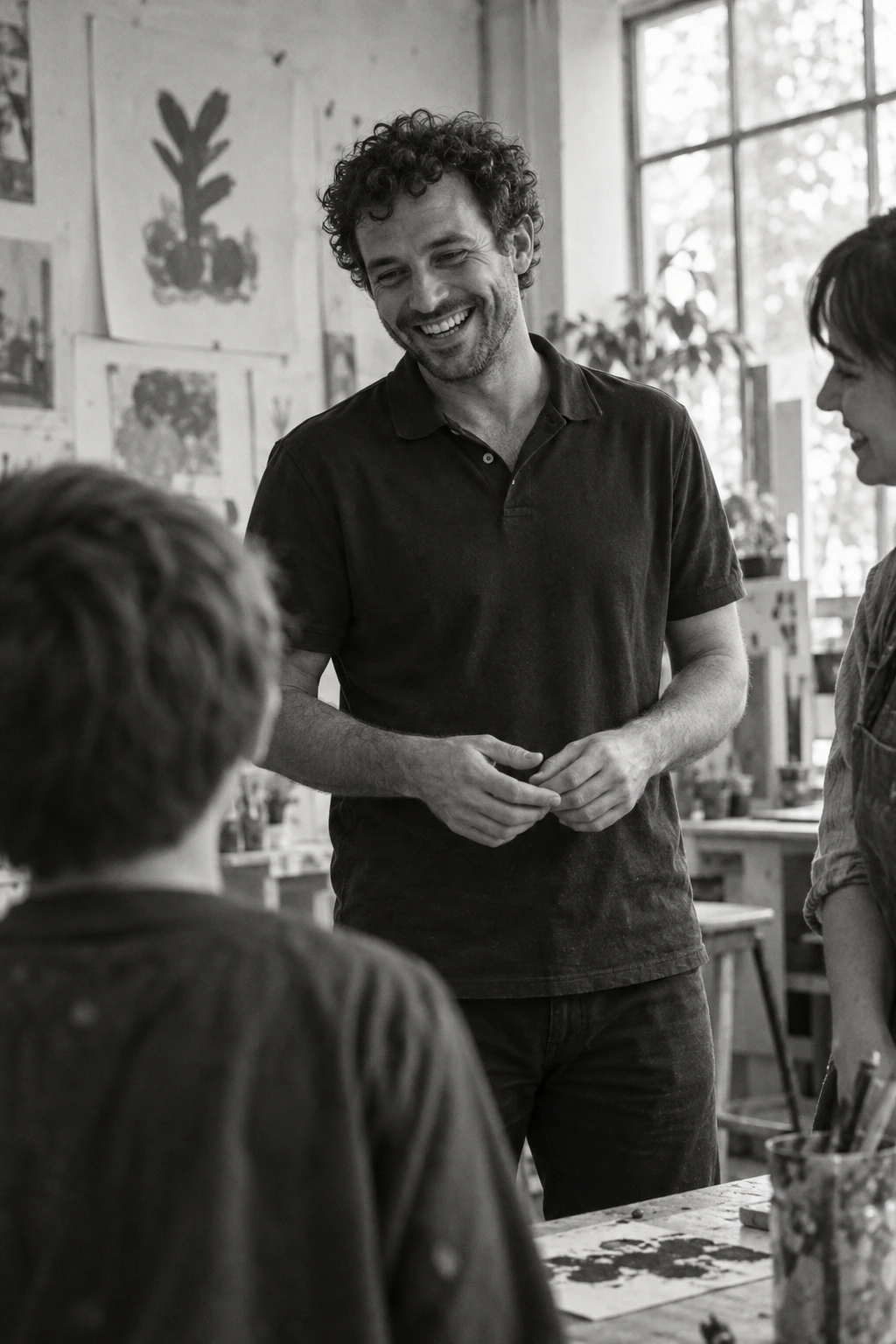 Educatore immaginario sorridente durante un laboratorio con una famiglia. Immagine generata con AI.