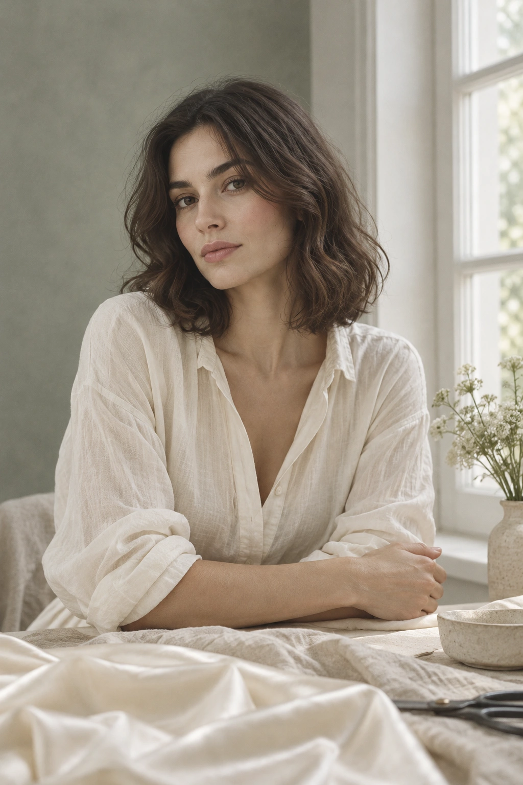 Figura illustrativa con camicia bianca, accanto alla finestra di un atelier. Immagine generata con AI.